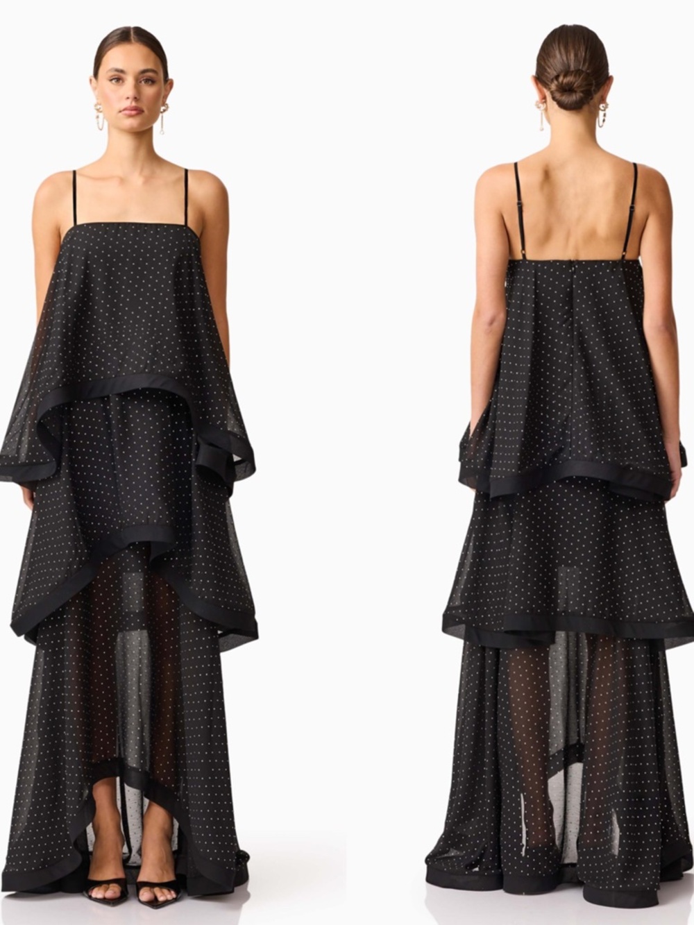 NEW ELLIATT Black FLOWY Georgette MOSS Tiered SPARKLE Embellished EVENING GOWN S